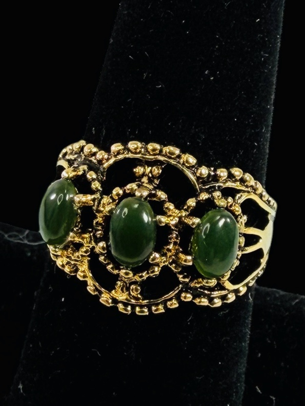 Gold-Tone Ring with Dark Green Stones - Women Jewelry